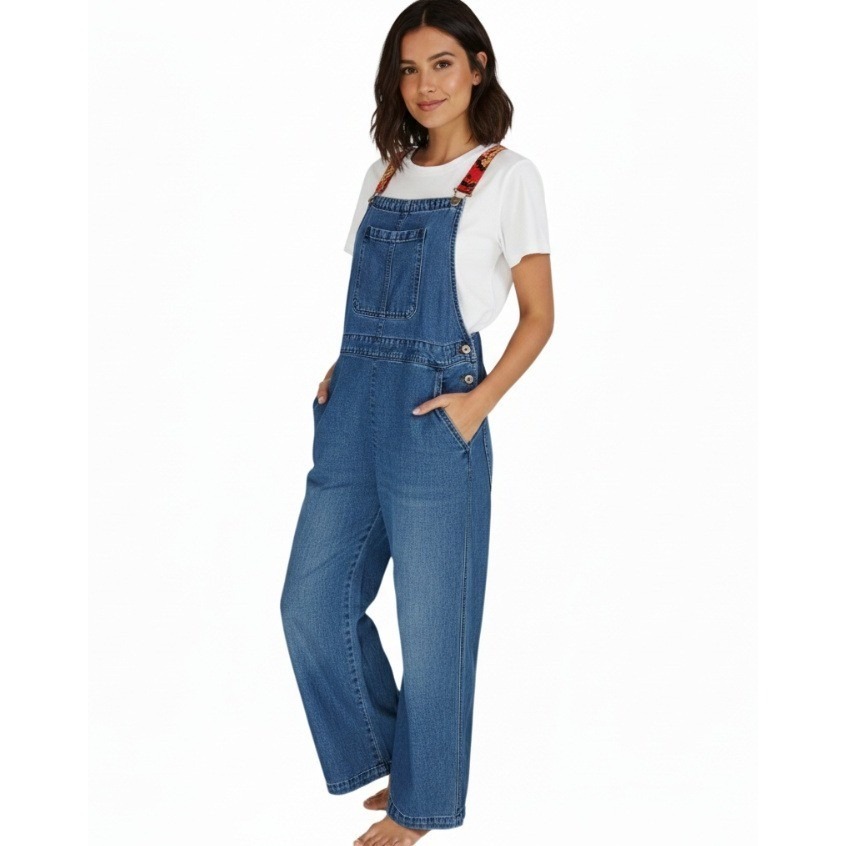 Free People Overalls Womens 0 Blue Denim Floral Strap Wide Leg Boho Dungarees